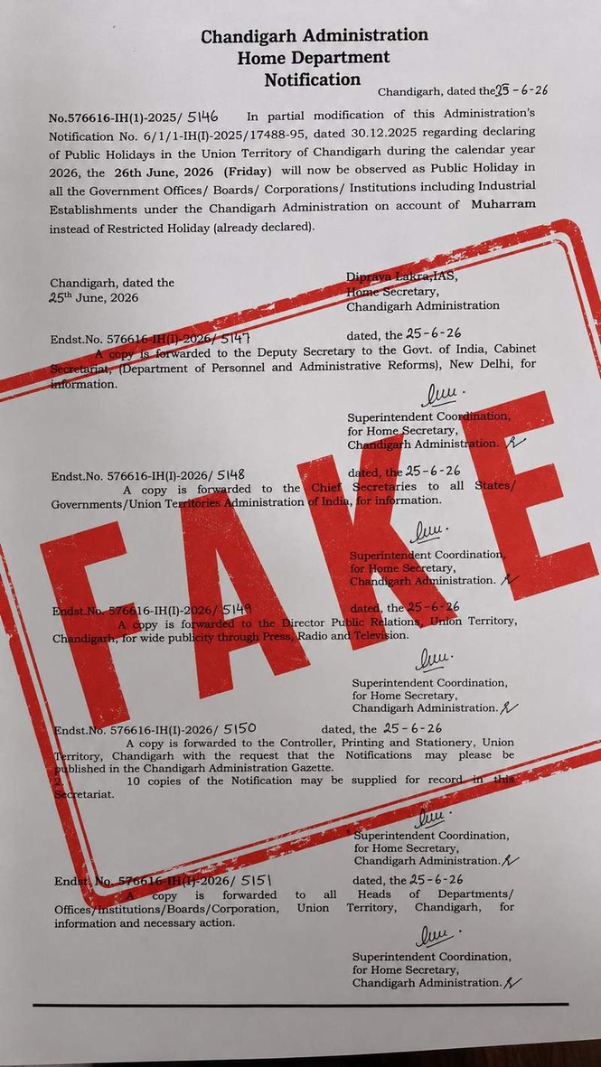 Image from: Fake holiday order doing rounds on social media, Chandigarh Admin issues clarification