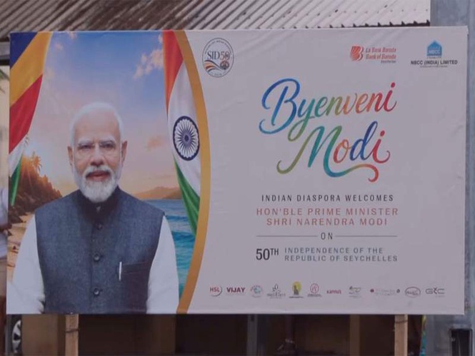 Image from: ’Byenveni Modi’: Victoria dons festive look as Indian diaspora puts up posters welcoming PM ahead of his Seychelles visit
