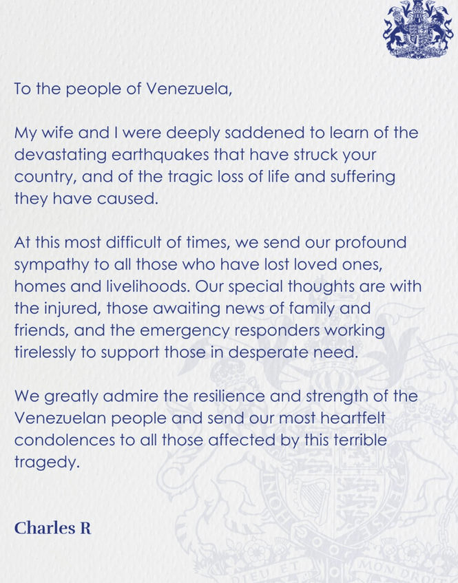 Image from: King Charles hails 'resilience and strength of Venezuelans' as he issues official statement
