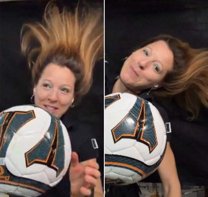 Image from: ’Go France, go Les Bleus!’ Astronaut Sophie Adenot cheers for France with zero-gravity football kick