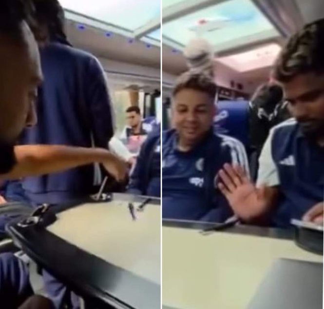 Image from: Reliving school days: Sanju Samson and Varun Chakravarthy spotted playing ’pen fight’