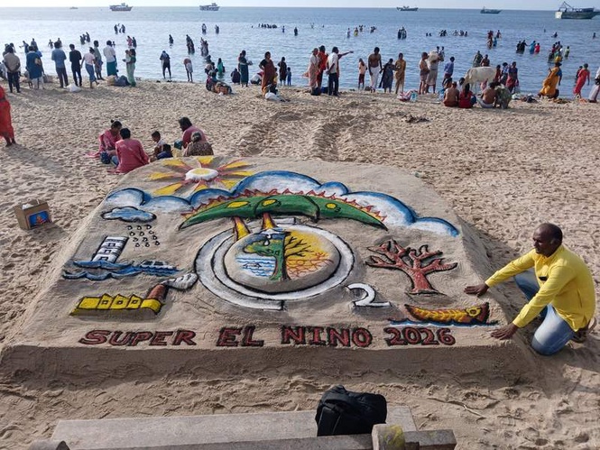 Image from: Rameswaram: Sculptor creates sand art to raise awareness about 'Super El Nino' year impact