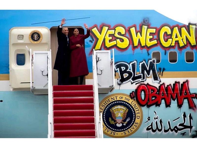 Image from: Trump shares doctored image of Obama and Michele with Graffiti-covered Air Force One