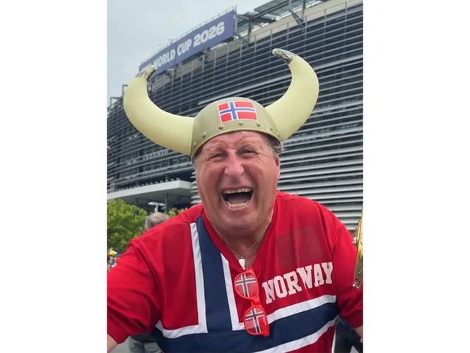 Image from: FIFA World Cup 2026: Norway super fan "Rune" cheers with 'Viking hat and trumpet' as team reaches QFs