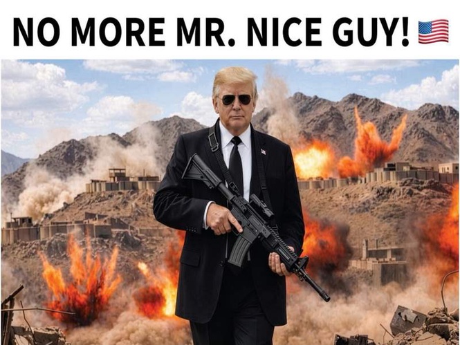Image from: Trump warns Iran, "Better get smart soon"; posts picture with gun and slogan 'No more Mr. Nice Guy'
