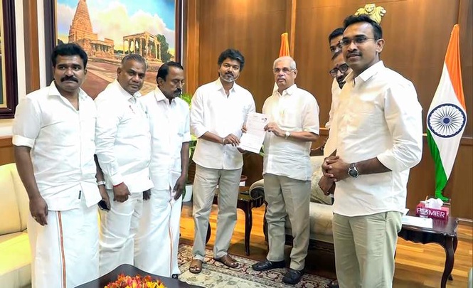Image from: TVK chief Vijay meets Tamil Nadu Governor, stakes claim to form government