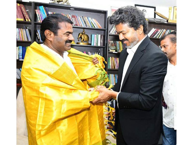 Image from: Tamil Nadu CM Vijay visited NTK Chief Coordinator Senthamizhan Seeman's residence in Chennai