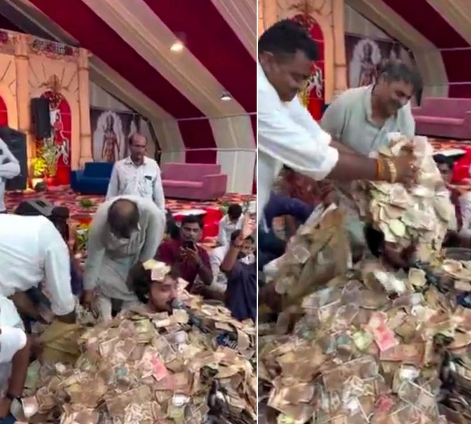 Image from: Gujarati folk singer buried under heap of cash at performance in Junagadh; video goes viral