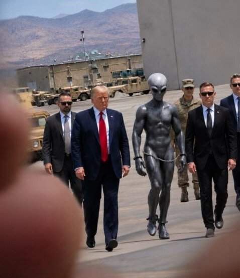 Image from: Donald Trump posts bizarre picture walking alongside ALIEN in chains