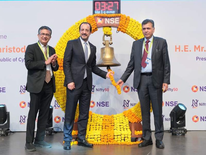 Image from: Cyprus President Nikos Christodoulides rings NSE bell during India visit