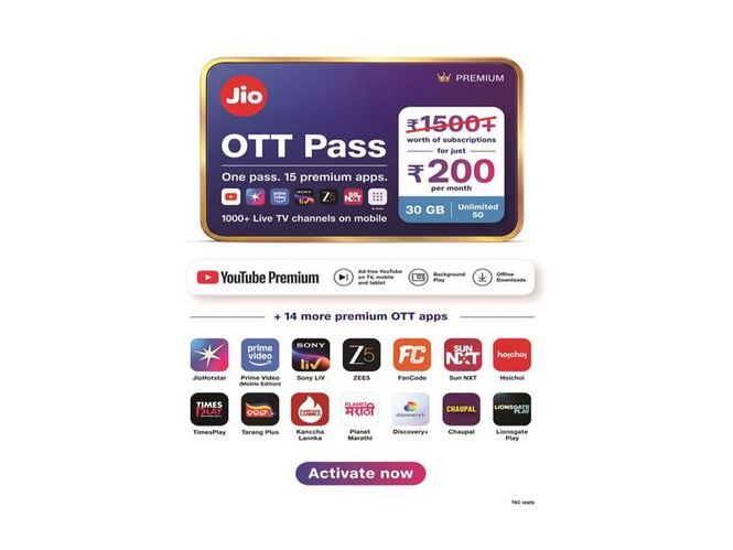 Image from: Jio introduces a new Rs 200 OTT Pass --15 premium OTTs, 1,000+ live TV channels, 30 GB data and unlimited 5G in a single 28-day pack