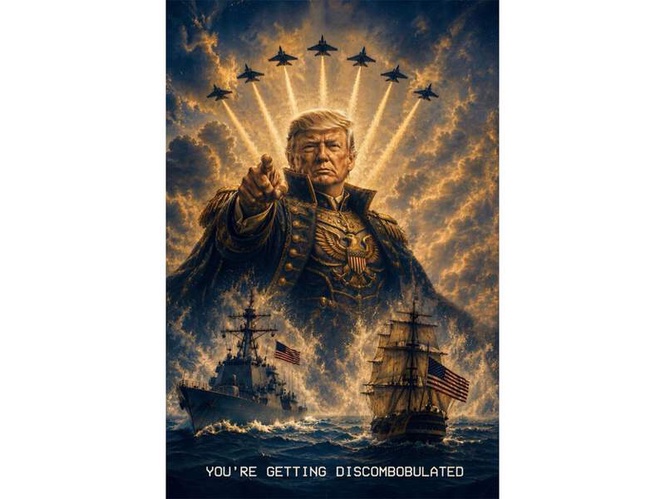 Image from: Trump shares confrontational "discombobulated" message alongside striking AI military art