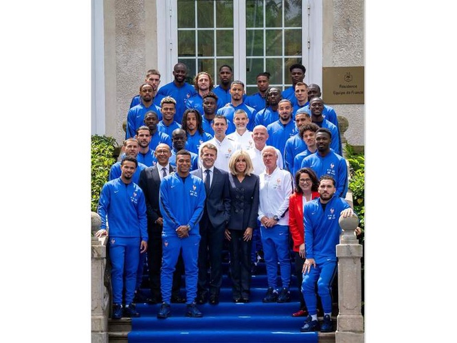 Image from: French President Macron meets national team ahead of departure for FIFA WC