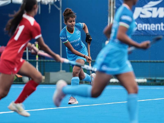 Image from: Nousheen, Geethasri lead Indian women’s hockey team’s 25-0 rout of Singapore to top Pool A in U18 Asia Cup 2026