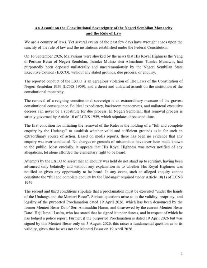 Image from: Ten former Bar Council presidents affirm Tuanku Muhriz as rightful Yang di-Pertuan Besar of Negeri