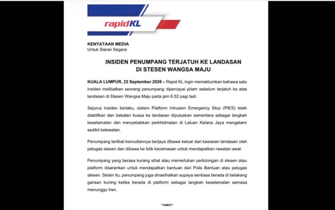 Passenger faints, falls onto tracks at Wangsa Maju LRT station