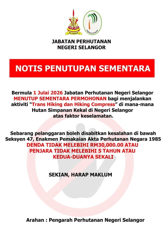 Selangor tutup sementara permohonan aktiviti 'trans hiking', 'hiking compress' mulai 1 Julai