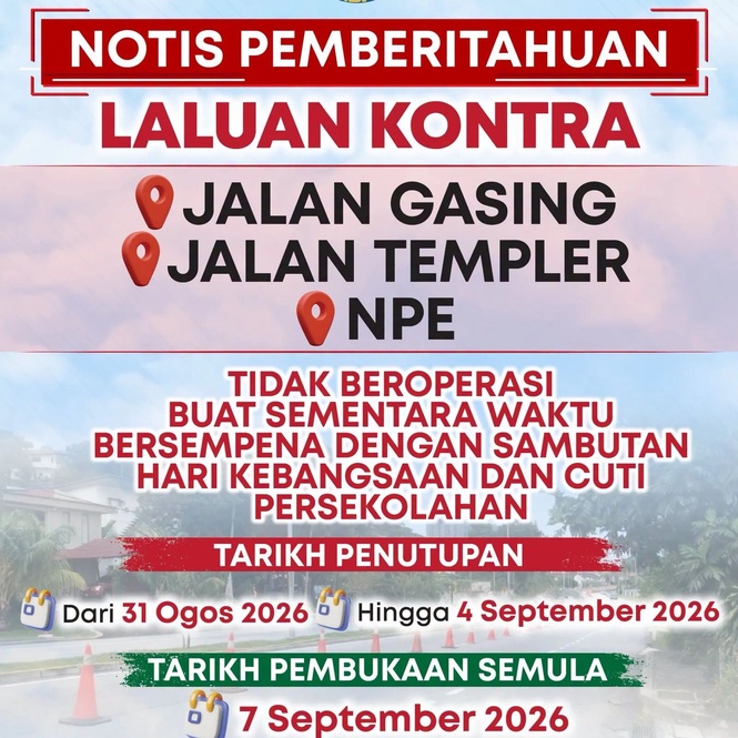 Jalan Gasing-NPE contraflow temporarily closed until Sept 4