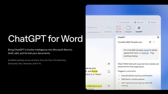 Image from: ChatGPT integration arrives in Microsoft Word, including on the free plan