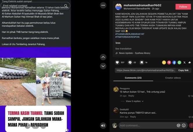 Image from: “Jangan Salahkan Sesiapa” – Keluarga 13 Tahun Tiada Elektrik Jelaskan Hal Sebenar, Syukur Tiang Sudah Sampai