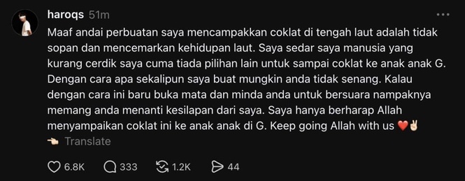 Image from: Sukarelawan GSF Mohon Maaf Campak Coklat Ke Laut, Harap Sampai Kepada Anak-Anak Di G