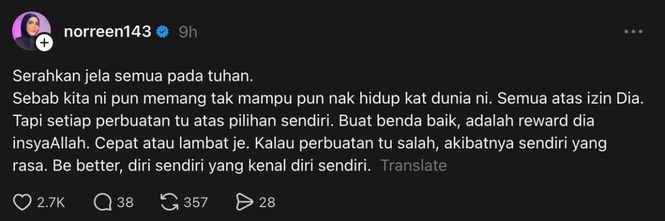 Image from: “Setiap Perbuatan Tu Atas Pilihan Sendiri” – Luahan Norreen Iman Undang Perhatian