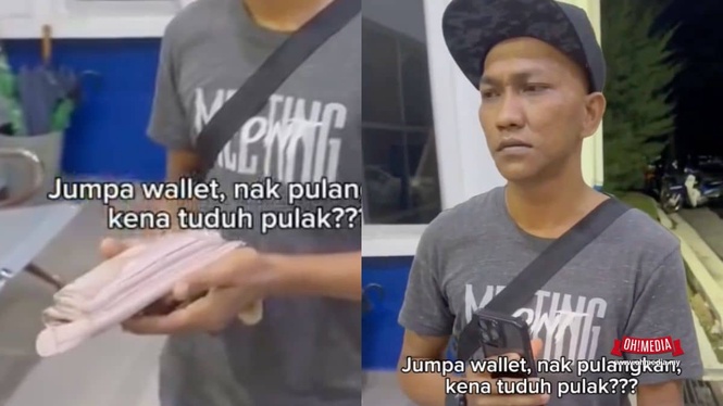 Split-screen image of a man in a gray T-shirt with a crossbody bag, holding a pink wallet while subtitles in Malay appear on screen.