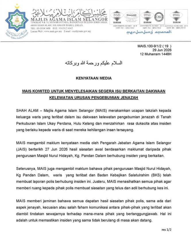 Image from: Isu Jenazah Ditahan Lebih Sejam Di Liang Lahad, MAIS Arah Pertemuan Segera Bersama Waris, Masjid Dan JAIS