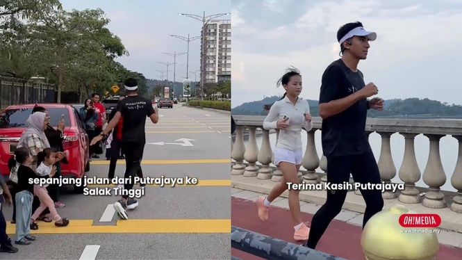 Runner with a headband jogging across a street while spectators watch from the sidewalk, with Indonesian caption about a Putrajaya–Salak Tinggi route (left).