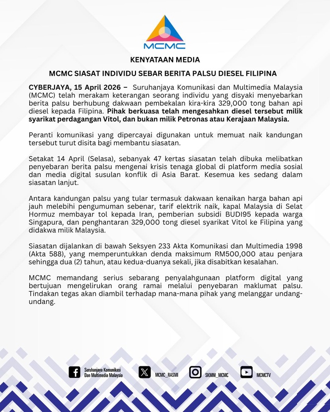 Image from: Sebar info palsu diesel Malaysia ke Filipina? MCMC bertindak, individu dipanggil beri keterangan