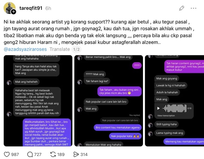 Image from: Libatkan ibu, netizen anggap kata-kata Pak Azad ke Tareq Fit melampau -“Celupar mulut!”