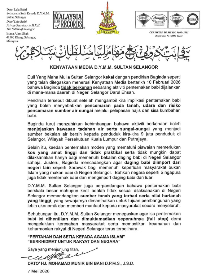 Image from: Sultan Selangor tegas kekal pendirian! Tak perkenan sebarang aktiviti penternakan khinzir
