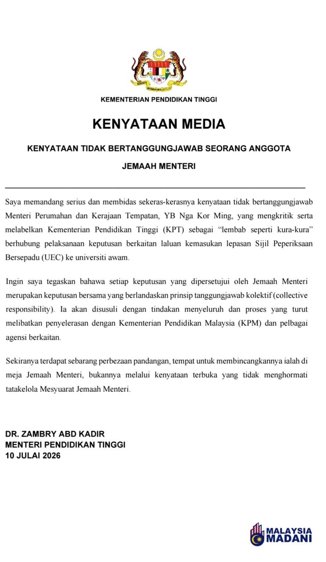 Image from: Isu UEC, Zambry tegur Nga -“Bincang di meja Jemaah Menteri, bukan kenyataan terbuka”