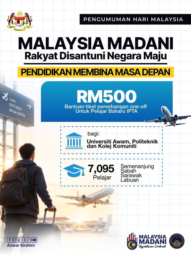 Image from: Pendidikan demi masa depan! Pelajar baharu IPTA layak terima bantuan RM500 tiket penerbangan