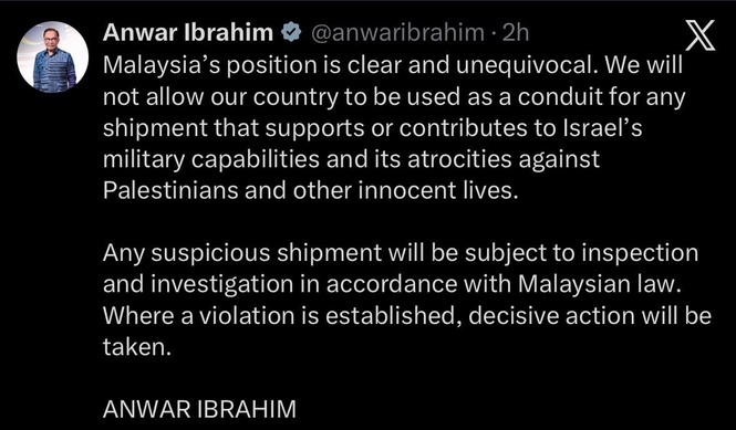 Image from: Pendirian tegas! Malaysia tak akan jadi laluan transit kargo ketenteraan Israel -PM Anwar