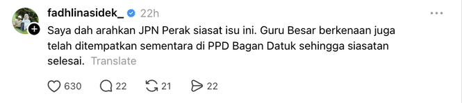 Image from: Fadhlina arah siasat! Dedah pengetua ganggu pelajar kini ditempatkan di PPD Bagan Datuk