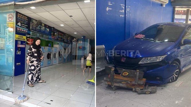 Honda City rempuh dobi layan diri, pemandu tertekan pedal minyak