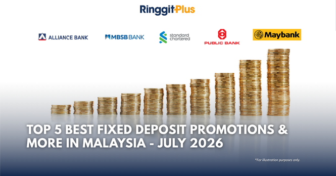 Top 5 best fixed deposit promotions and board rates in Malaysia July 2026 by RinggitPlus, featuring Alliance Bank, MBSB Bank, Standard Chartered, Public Bank and Maybank logos with an ascending stack of coins illustration.