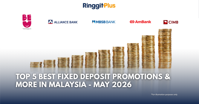Infographic showing the top 5 best fixed deposit promotions in Malaysia for May 2026, featuring Bank Islam's BE U, Alliance Bank, MBSB Bank, AmBank, and CIMB, with stacks of gold coins in ascending height representing growth.