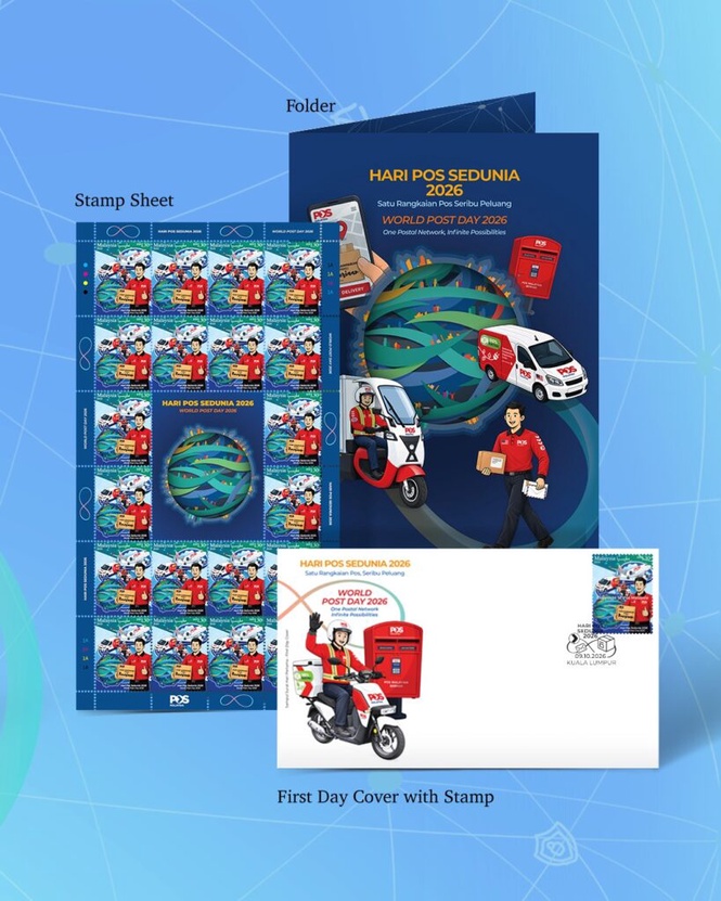 World Post Day 2026 stamp sheet, folder and First Day Cover, with folder artwork featuring the Pos Malaysia electric three-wheeler