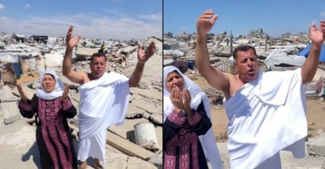 Tak Dapat Ke Tanah Suci, Penduduk Gaza Pakai Ihram & Bertalbiah Di Sebalik Runtuhan