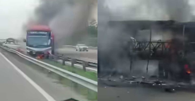17 Penumpang Selamat, Bas Ekspres Terbakar Selepas Kemalangan Di Lebuhraya PLUS