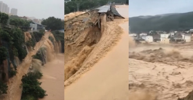 China Dilanda Ribut, Banjir & Tanah Runtuh, Rakaman Empangan Pecah Tular