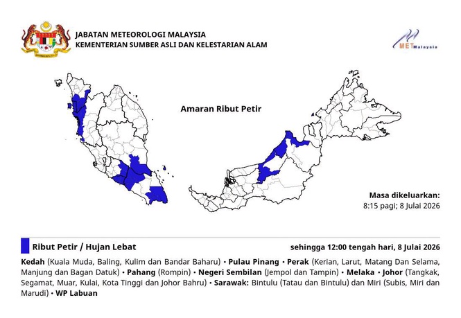 Amaran Ribut Petir Di Beberapa Negeri Hingga Tengah Hari Ini