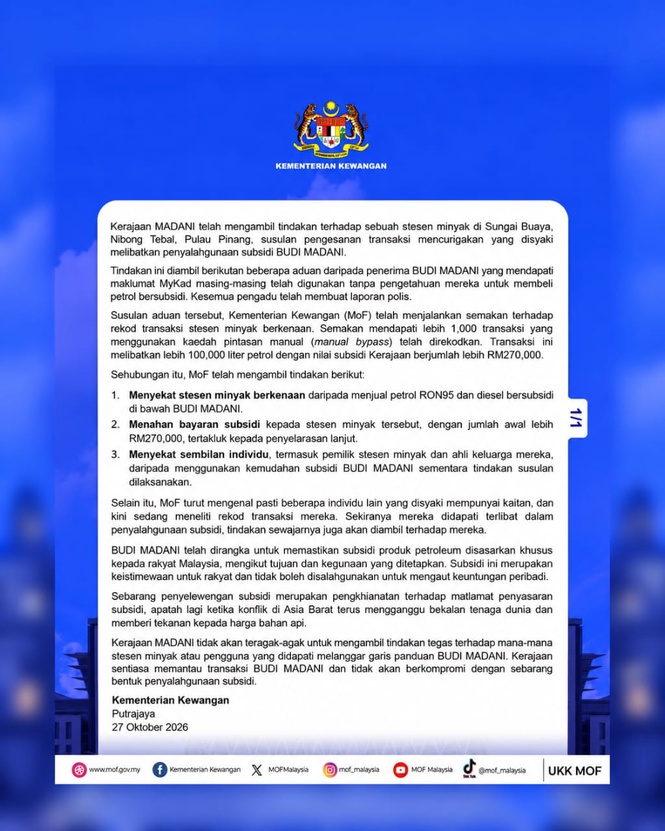 Lebih RM270,000 BUDI MADANI Disyaki Disalah Guna, Stesen Minyak Di Pulau Pinang Disekat