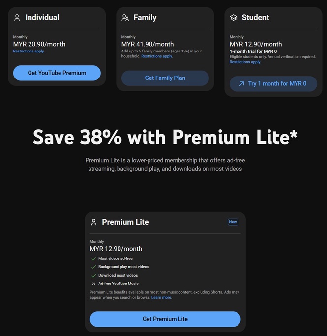 Image from: YouTube Premium Lite:每月12.90令吉即可享无广告观看体验
