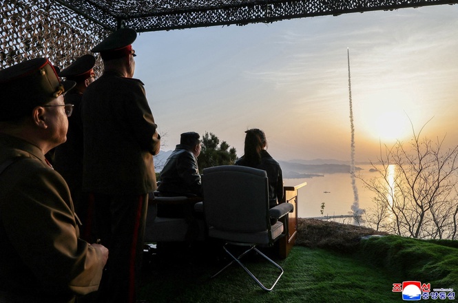 North Korean leader Kim Jong Un, accompanied by his daughter Kim Ju Ae, oversees test launches of the upgraded Hwasong-11LA ground-to-ground tactical short-range ballistic missile at an undisclosed location in North Korea, April 19, 2026, (Reuters)