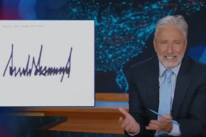 Jon Stewart mocks Donald Trump’s signature as ‘looking nothing like his name’