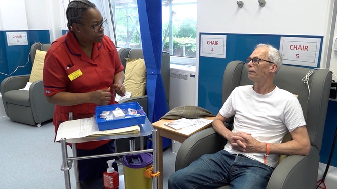 Stephen Friend, 67, who received a new one-minute injection for melanoma at the Mount Vernon Cancer Centre in Hertfordshire (Shivansh Gupta/PA Wire)