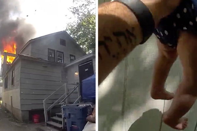Moment trapped mother throws baby to safety from burning building